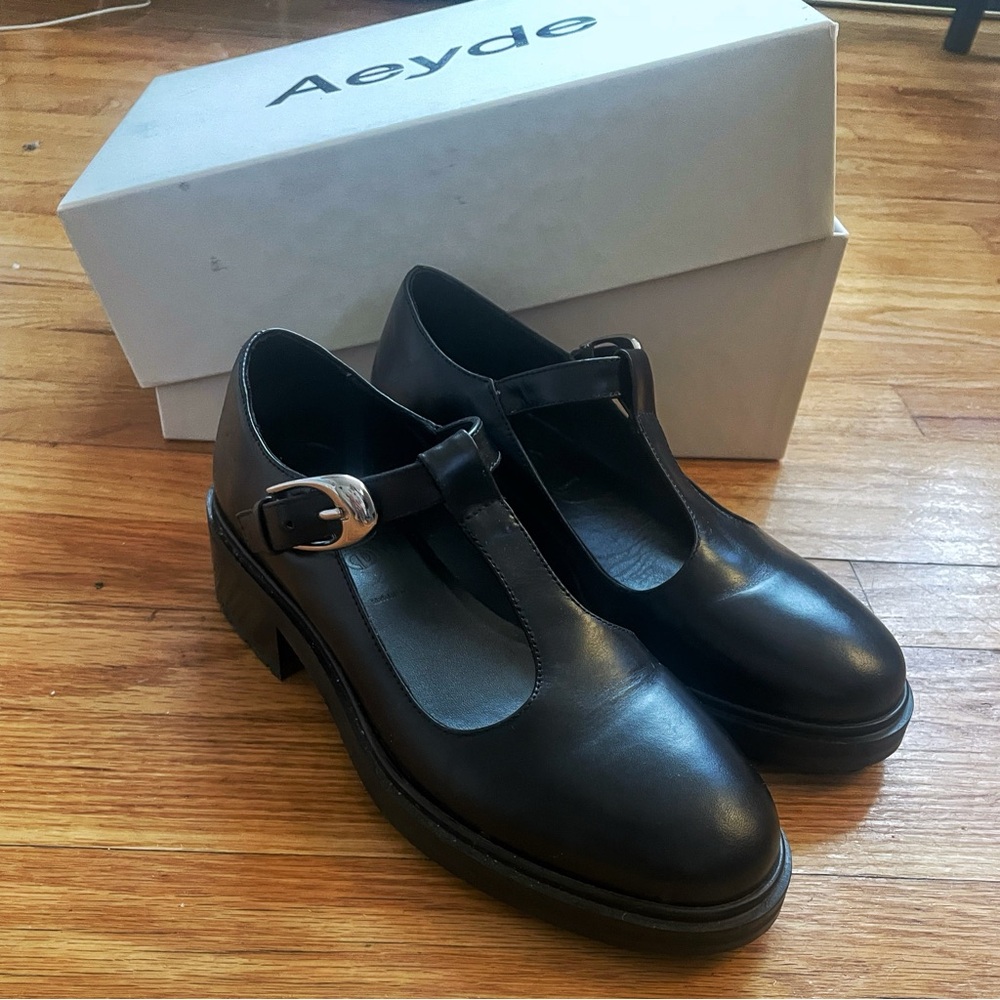 AEYDE Black Leather Roberta Mary Jane T-bar Loafer Flats with Stacked Heels